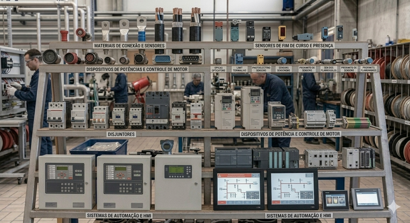 Materiais elétricos industriais como eletrodutos, cabos e painéis