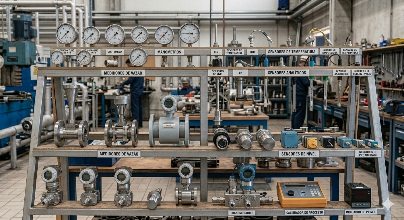 Equipamentos de instrumentação industrial como manômetros e transmissores de pressão